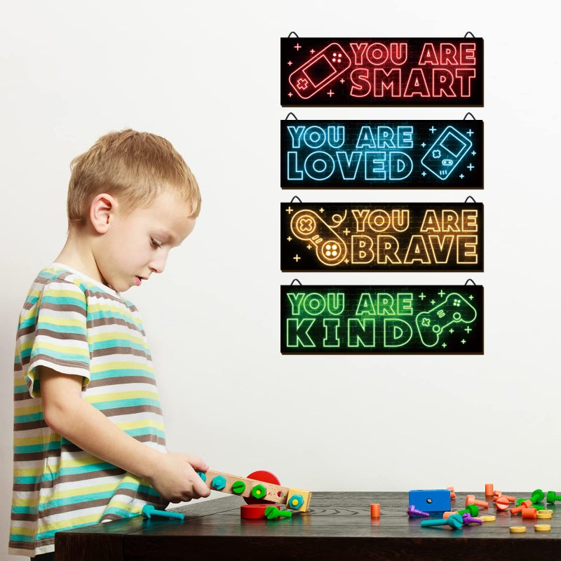 YLOLUL 4pcs Neon Game Art Prints, Wood Wall Art Decor for Boys Room, Gamer Decorations, Inspirational Quote Wall Decor, Modern Home Decor, 12 x 4 Inch, Red - Image 3