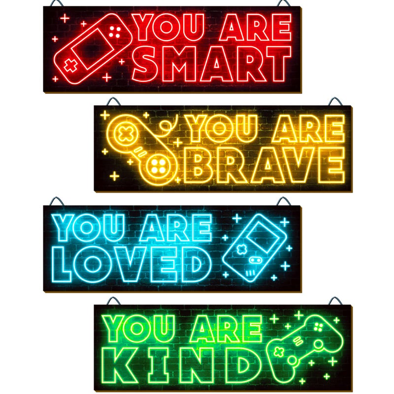 YLOLUL 4pcs Neon Game Art Prints, Wood Wall Art Decor for Boys Room, Gamer Decorations, Inspirational Quote Wall Decor, Modern Home Decor, 12 x 4 Inch, Red - Image 1
