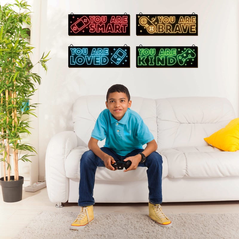 YLOLUL 4pcs Neon Game Art Prints, Wood Wall Art Decor for Boys Room, Gamer Decorations, Inspirational Quote Wall Decor, Modern Home Decor, 12 x 4 Inch, Red - Image 4
