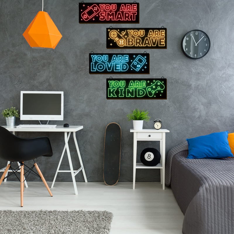YLOLUL 4pcs Neon Game Art Prints, Wood Wall Art Decor for Boys Room, Gamer Decorations, Inspirational Quote Wall Decor, Modern Home Decor, 12 x 4 Inch, Red - Image 5