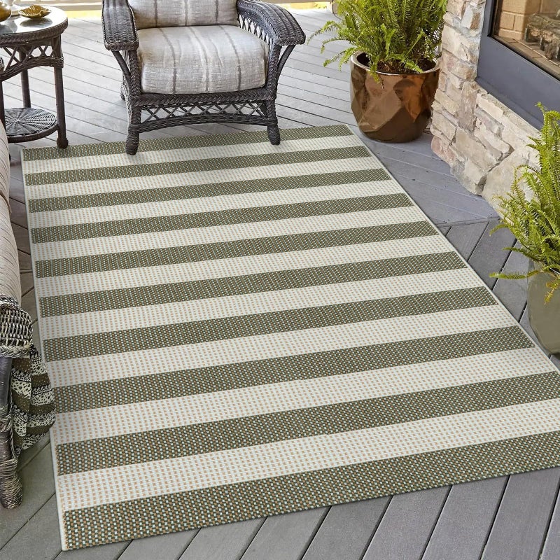 OJIA Striped Outdoor Area Rug 4'x6' Washable Patio Rugs Cotton Woven Living Room Rug Farmhouse Indoor Outdoor Rugs Large Floor Carpet for Courtyard/Bedroom/Entryway (Green/White/Tan) - Image 1