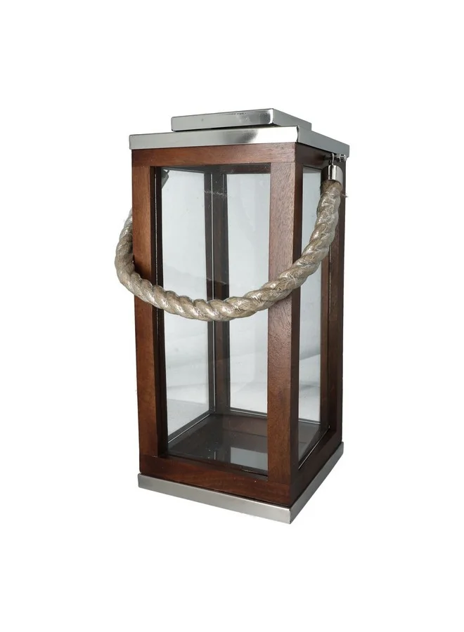 serene Elegant Modern Design Stainless Steel Wood and Glass Lantern with Rope Brown and Clear 56.1 x 30.1 x 27.3 cm 14050 S