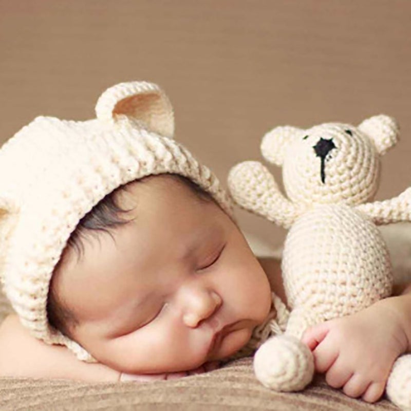 Baby Knit Bear Hat with Bear Dolls Photography Props Accessories Earflap Cap Beanie For Infant Toddler Girls Boys Pink - Image 5