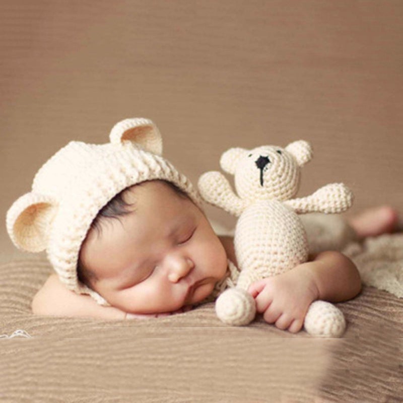 Baby Knit Bear Hat with Bear Dolls Photography Props Accessories Earflap Cap Beanie For Infant Toddler Girls Boys Pink - Image 2