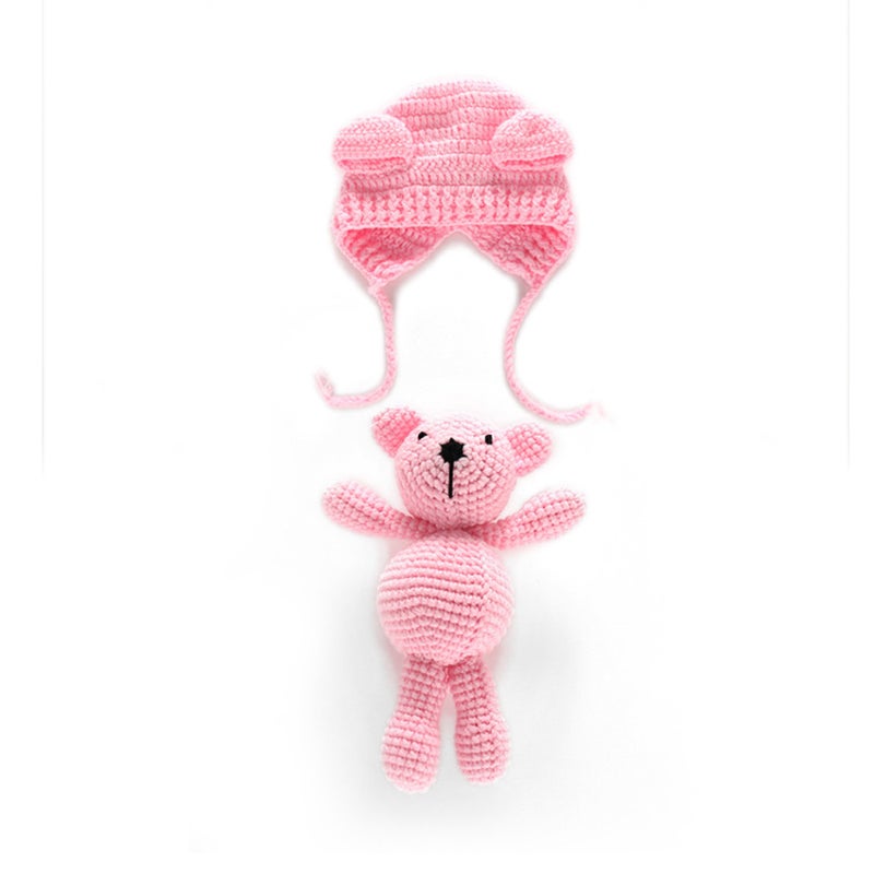 Baby Knit Bear Hat with Bear Dolls Photography Props Accessories Earflap Cap Beanie For Infant Toddler Girls Boys Pink - Image 3