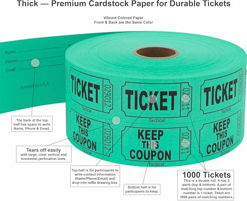 Tacticai 1000 Tacticai Raffle Tickets, Green (1 of 8 Colors), Double Roll, Ticket for Events, Entry, Class Reward, Fundraiser & Prizes - Image 2