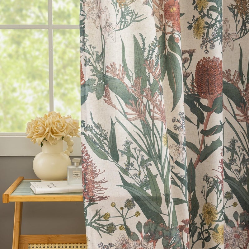 Aligogo Floral Boho Curtains 84 Inches Length Protea Flower Print Linen Texture Window Drapes for Patio Door Africa Tribal Exotic Romantic Retro Window Treatments Grommet 2 Panels W50 x L84 Coral &Green - Image 1