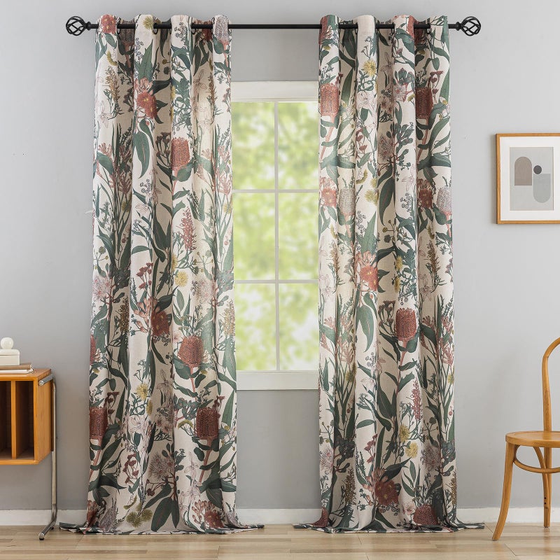 Aligogo Floral Boho Curtains 84 Inches Length Protea Flower Print Linen Texture Window Drapes for Patio Door Africa Tribal Exotic Romantic Retro Window Treatments Grommet 2 Panels W50 x L84 Coral &Green - Image 2