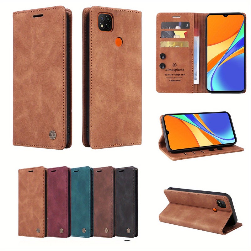 Brown Synthetic Leather Card Holder Case For Redmi 9C With Stand - Image 1