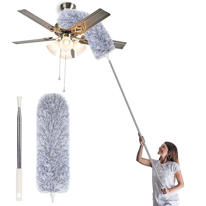 Microfiber Feather Duster Bendable Extendable Fan Cleaning with 100 inches Pole Handle Washable Head for High Window Ceiling Furniture with Extension Pole Dust Collect for Cleaning