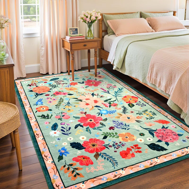 Macgace 5x7 Floral Rug for Girls Bedroom, Machine Washable Area Rugs with Non Slip Backingfor Living Room, Cute Flowers Carpet Kitchen Dining Room Kids Playroom Decor, Light Green - Image 4