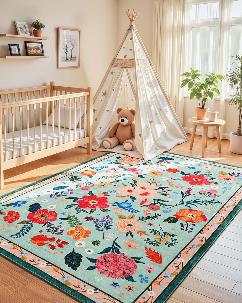 Macgace 5x7 Floral Rug for Girls Bedroom, Machine Washable Area Rugs with Non Slip Backingfor Living Room, Cute Flowers Carpet Kitchen Dining Room Kids Playroom Decor, Light Green - Image 3