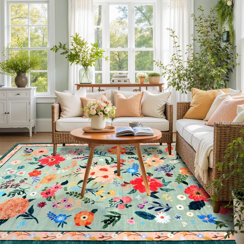 Macgace 5x7 Floral Rug for Girls Bedroom, Machine Washable Area Rugs with Non Slip Backingfor Living Room, Cute Flowers Carpet Kitchen Dining Room Kids Playroom Decor, Light Green - Image 2