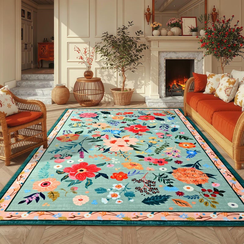 Macgace 5x7 Floral Rug for Girls Bedroom, Machine Washable Area Rugs with Non Slip Backingfor Living Room, Cute Flowers Carpet Kitchen Dining Room Kids Playroom Decor, Light Green - Image 1
