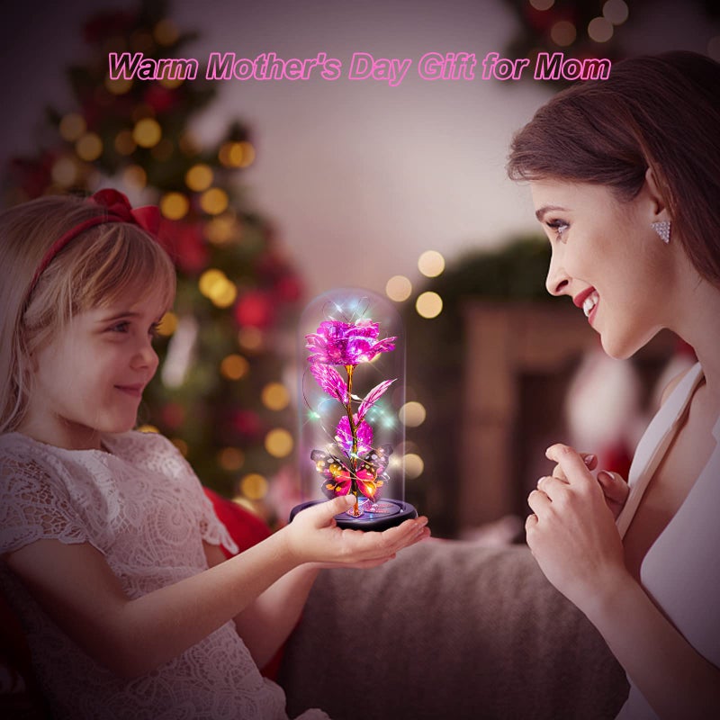 Pusuny Gifts for Women Birthday Gifts for Women  Galaxy Glass Rose Forever Eternal Crystal Flower Light Up Rose in Glass Dome with Butterfly for Women Her Mom Wife Friend Pink - Image 5