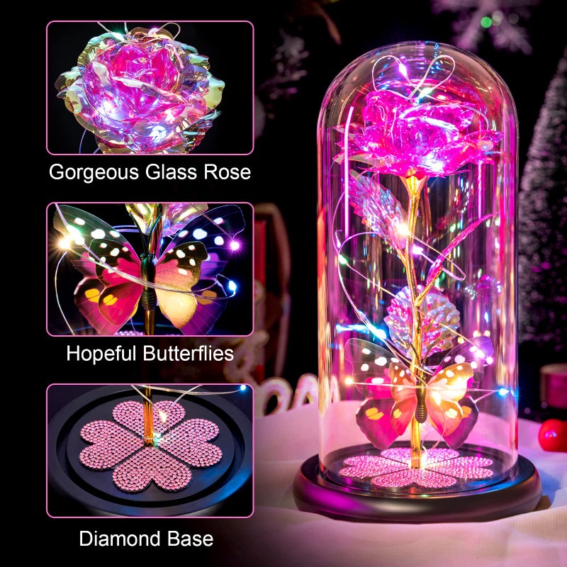 Pusuny Gifts for Women Birthday Gifts for Women  Galaxy Glass Rose Forever Eternal Crystal Flower Light Up Rose in Glass Dome with Butterfly for Women Her Mom Wife Friend Pink - Image 2