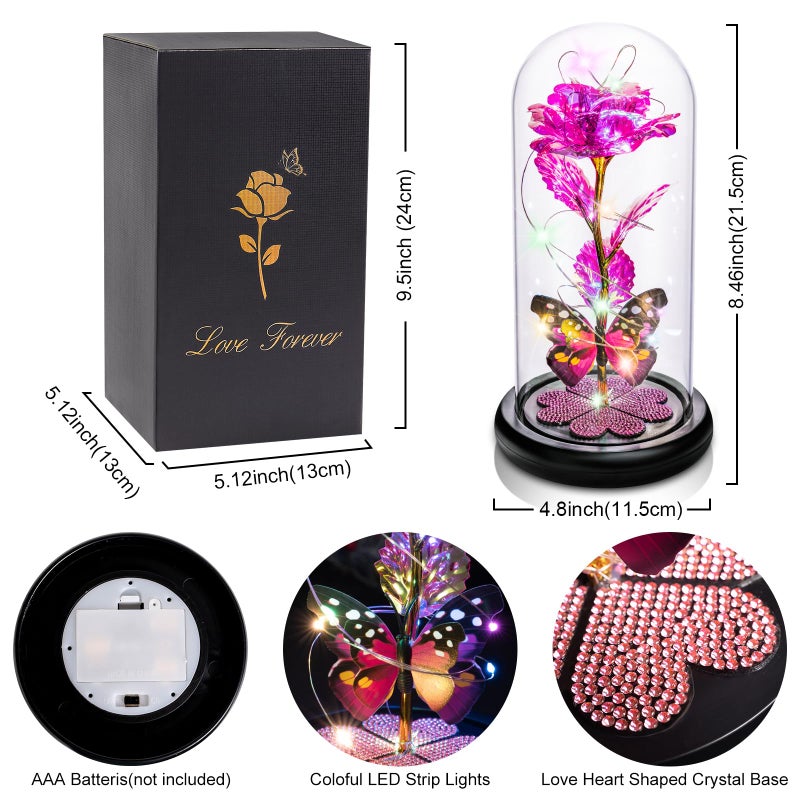 Pusuny Gifts for Women Birthday Gifts for Women  Galaxy Glass Rose Forever Eternal Crystal Flower Light Up Rose in Glass Dome with Butterfly for Women Her Mom Wife Friend Pink - Image 3