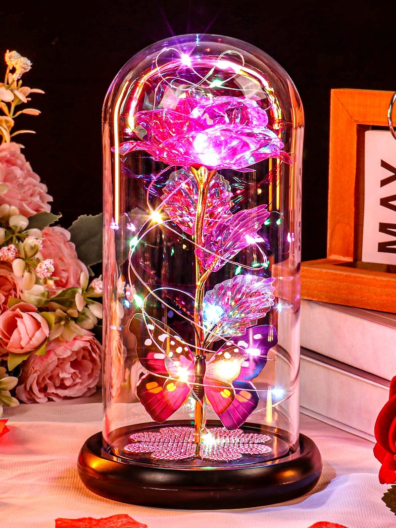 Pusuny Gifts for Women Birthday Gifts for Women  Galaxy Glass Rose Forever Eternal Crystal Flower Light Up Rose in Glass Dome with Butterfly for Women Her Mom Wife Friend Pink - Image 4