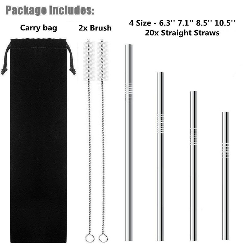 BGMAXimum Reusable Stainless Steel Drinking Straws, 20 Pcs 4 Size - 6.3'' 7.1'' 8.5'' 10.5'', Long Short Smoothie Drinking Straight Straws With 2 Brushes and Carry bag, Fit for 20/30 oz Tumblers - Image 2