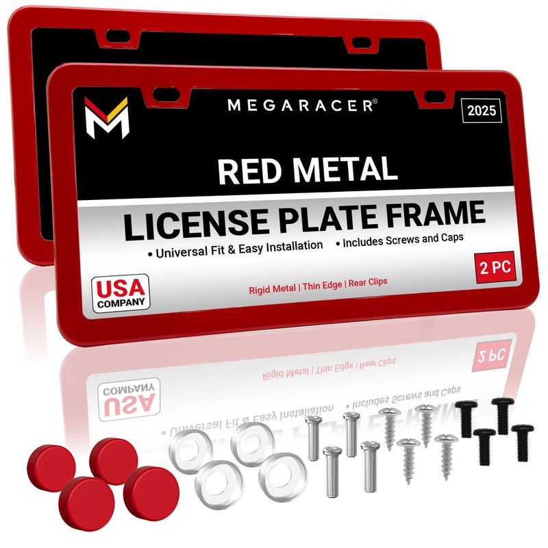 Mega Racer Premium Slim Red License Plate Frames â€“ 2 Pack, Rust-Free Stainless Steel, Street Legal & Rattle-Free, Universal Fit with Screw Caps, Sleek Thin Metal Front & Rear Car Tag Holders for Men & Women - Image 1