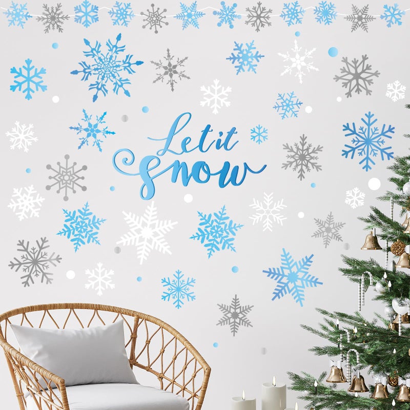 Whaline Winter Snowflake Wall Stickers Christmas Let It Snow Wall Decals Small Room Mural Stickers Frozen Vinyl Wall Decals for Party Home Kitchen Decor  8.3 x 10.6 Inch  9 Sheets - Image 1