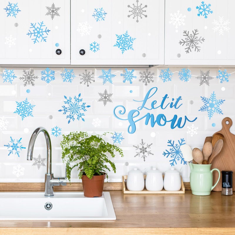 Whaline Winter Snowflake Wall Stickers Christmas Let It Snow Wall Decals Small Room Mural Stickers Frozen Vinyl Wall Decals for Party Home Kitchen Decor  8.3 x 10.6 Inch  9 Sheets - Image 3