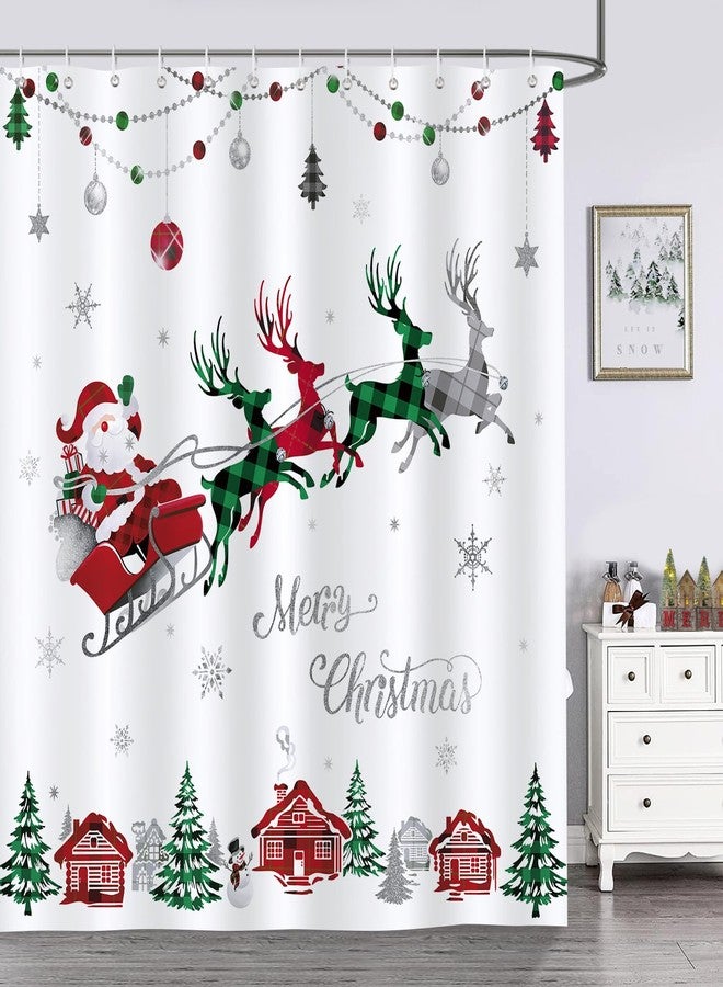 Bonhause Merry Christmas Shower Curtain Red and Green Check Plaid Santa Claus Sleigh Reindeer Bathroom Decor 72 x 72 Inch Polyester Fabric Waterproof Bath Curtain with 12 Hooks - Image 2