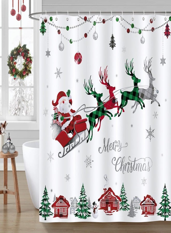 Bonhause Merry Christmas Shower Curtain Red and Green Check Plaid Santa Claus Sleigh Reindeer Bathroom Decor 72 x 72 Inch Polyester Fabric Waterproof Bath Curtain with 12 Hooks - Image 1