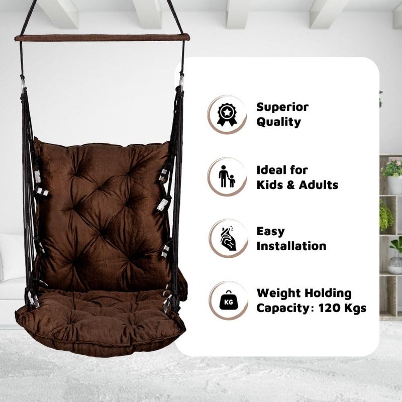 Swingzy Made in India Soft Velvet Hanging Swing for AdultsJhula for Adults Swing for Indoor OutdoorSwing for HomeHanging Jhula Chair 52x50x150 Cms Brown - Image 4