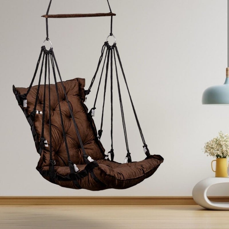 Swingzy Made in India Soft Velvet Hanging Swing for AdultsJhula for Adults Swing for Indoor OutdoorSwing for HomeHanging Jhula Chair 52x50x150 Cms Brown - Image 1