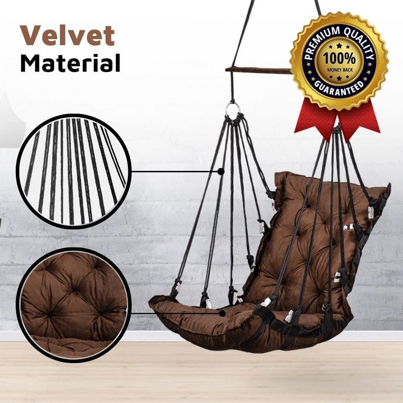 Swingzy Made in India Soft Velvet Hanging Swing for AdultsJhula for Adults Swing for Indoor OutdoorSwing for HomeHanging Jhula Chair 52x50x150 Cms Brown - Image 5
