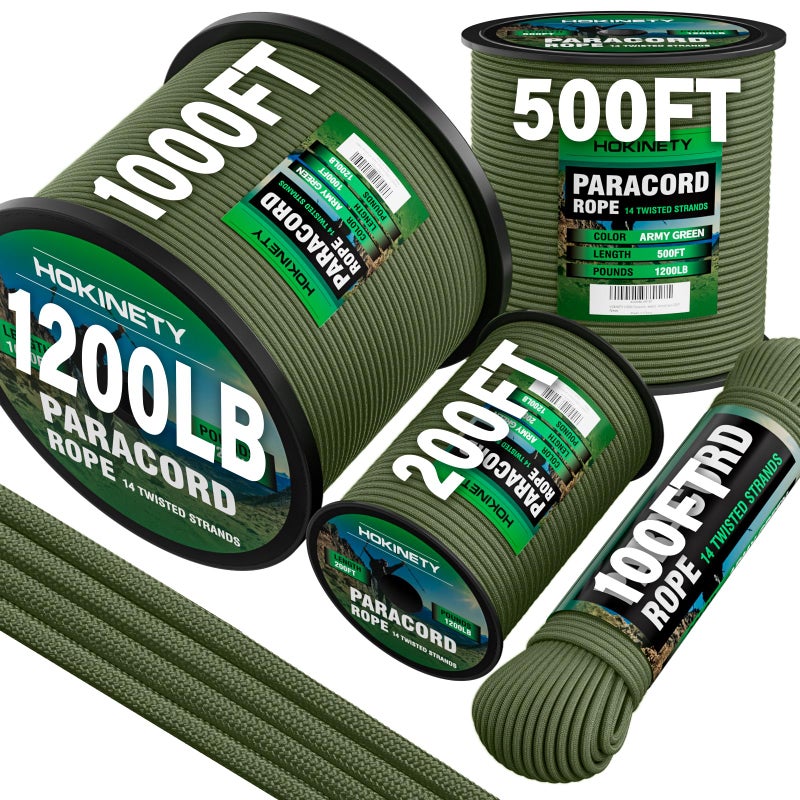 HOKINETY 1200 Paracord Rope - 4.4mm 14 Strand Nylon Parachute Spool para Cord Lanyard for Outdoor Camping Survival Utility Tent Crafting DIY Projects Fishing Clothsline Bracelet - ArmyGreen 100FT - Image 1