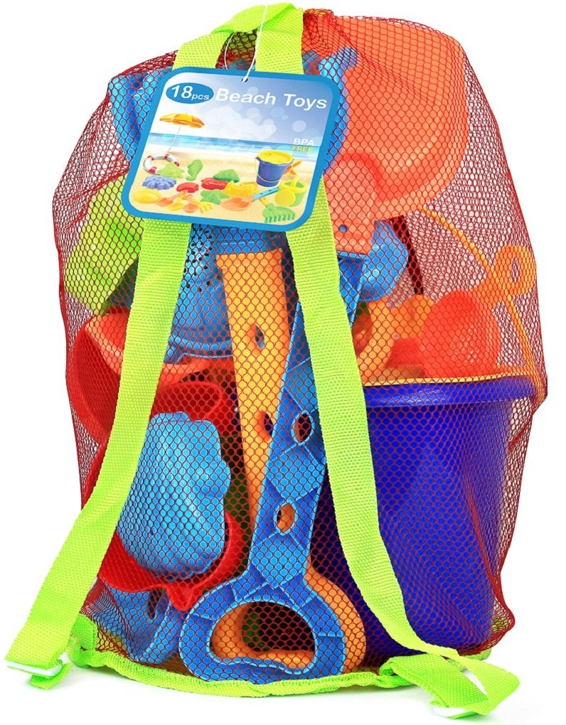 Click N' Play Beach Toys for Kids 3-10 - 18pc Sand Toys Including Sand Buckets for Kids with Sifter, Watering Can, Rake, 4 Hand Tools, 10 Sand Molds & Mesh Beach Toy Bag - Sandbox Toys for Toddlers - Image 1