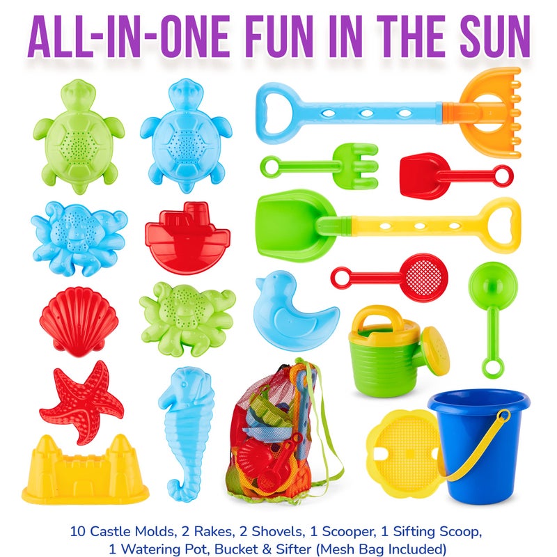 Click N' Play Beach Toys for Kids 3-10 - 18pc Sand Toys Including Sand Buckets for Kids with Sifter, Watering Can, Rake, 4 Hand Tools, 10 Sand Molds & Mesh Beach Toy Bag - Sandbox Toys for Toddlers - Image 2