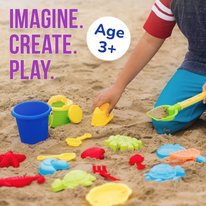 Click N' Play Beach Toys for Kids 3-10 - 18pc Sand Toys Including Sand Buckets for Kids with Sifter, Watering Can, Rake, 4 Hand Tools, 10 Sand Molds & Mesh Beach Toy Bag - Sandbox Toys for Toddlers - Image 3