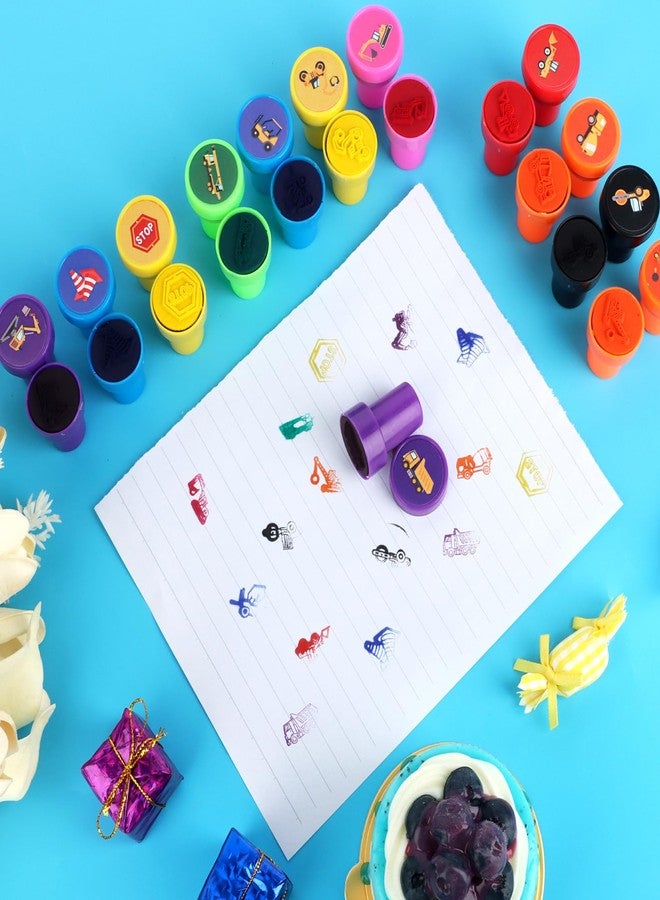Lemicin 24 Pcs Construction Truck Stamps Mini Self Inking Stamps Colorful Print Stamp Construction Birthday Party Favors for Boy School Classroom Rewards Prizes Supplies - Image 3