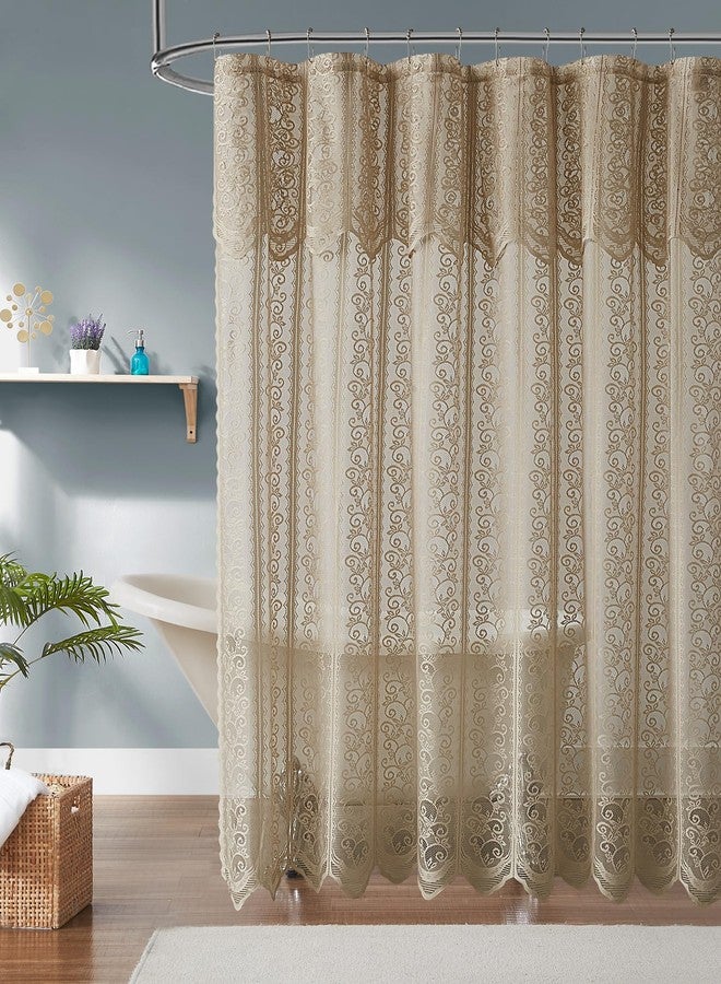 LinenZone 72" x 72" Linen Lace Shower Curtains with Attached Valance. Floral Paisley Shower Curtain with Scalloped Edges for Vintage or Farmhouse Bathroom Décor. (Riba Shower 72 x 72, Linen) - Image 2