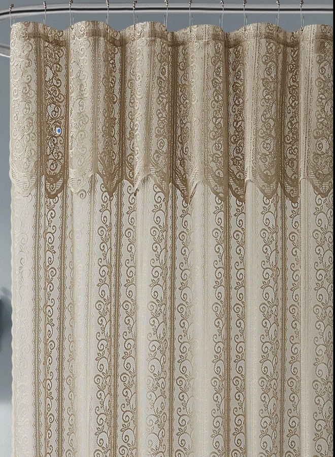 LinenZone 72" x 72" Linen Lace Shower Curtains with Attached Valance. Floral Paisley Shower Curtain with Scalloped Edges for Vintage or Farmhouse Bathroom Décor. (Riba Shower 72 x 72, Linen) - Image 1