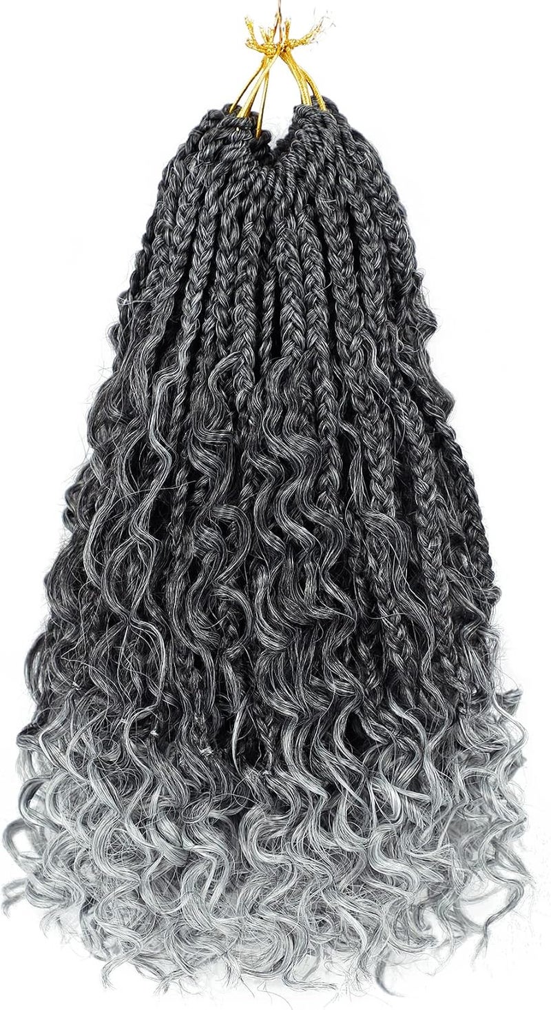 Eerya Goddess Box Braids Crochet Hair 12 Inch 8 Packs Pre-looped Bohemian Crochet Boho Box Braids With Curly Ends 3X Crochet Braids Hair for Women Synthetic Braiding Hair 16 Strands (12inch,TGRAY) - Image 1
