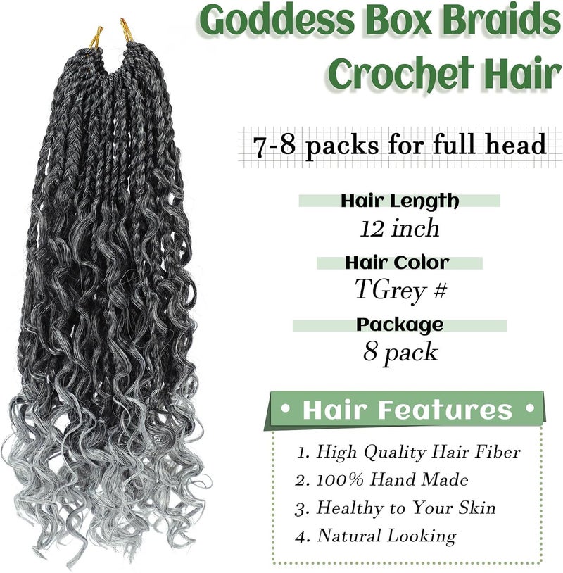 Eerya Goddess Box Braids Crochet Hair 12 Inch 8 Packs Pre-looped Bohemian Crochet Boho Box Braids With Curly Ends 3X Crochet Braids Hair for Women Synthetic Braiding Hair 16 Strands (12inch,TGRAY) - Image 3