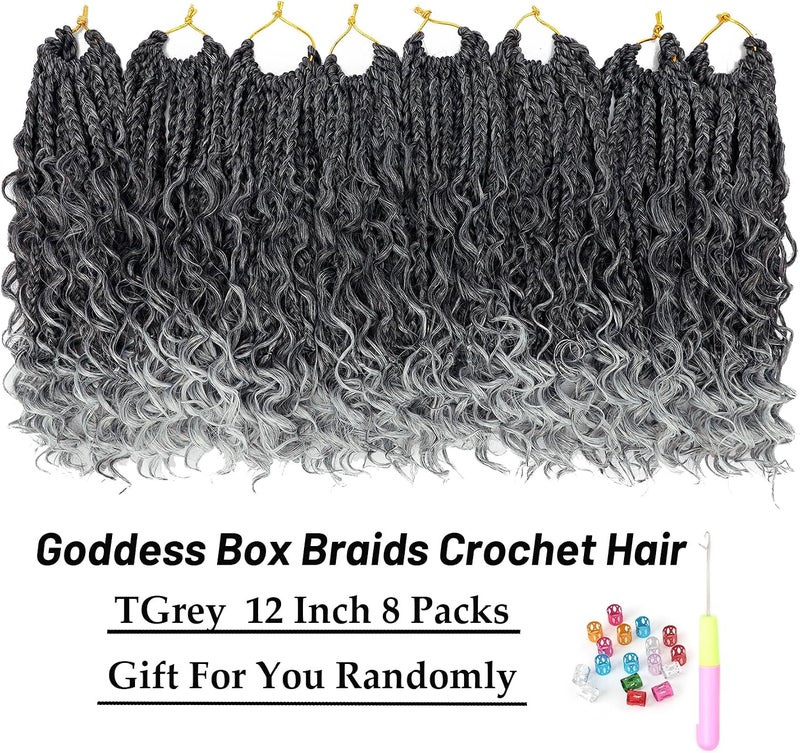 Eerya Goddess Box Braids Crochet Hair 12 Inch 8 Packs Pre-looped Bohemian Crochet Boho Box Braids With Curly Ends 3X Crochet Braids Hair for Women Synthetic Braiding Hair 16 Strands (12inch,TGRAY) - Image 2