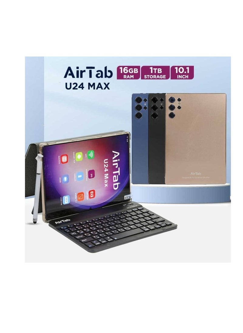 AirTab - 10.1 -Inch Smart Tablet U24 MAX Android 13 Tablet With 1TB Storage and 16GB RAM Quad Core Wi-Fi LTE Dual Sim with Touch Pen and Keyboard - GOLD - Image 1