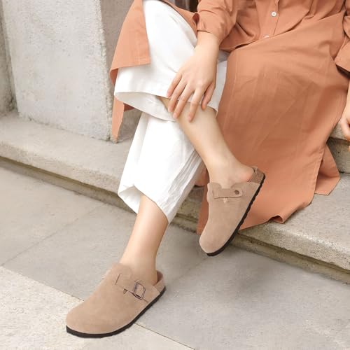 Litfun Women's Genuine Suede Clogs Soft Footbed Leather Potato Shoes Comfort Slip On Clogs with Arch Support, Taupe, EU 39 - Image 2