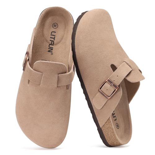Litfun Women's Genuine Suede Clogs Soft Footbed Leather Potato Shoes Comfort Slip On Clogs with Arch Support, Taupe, EU 39 - Image 1