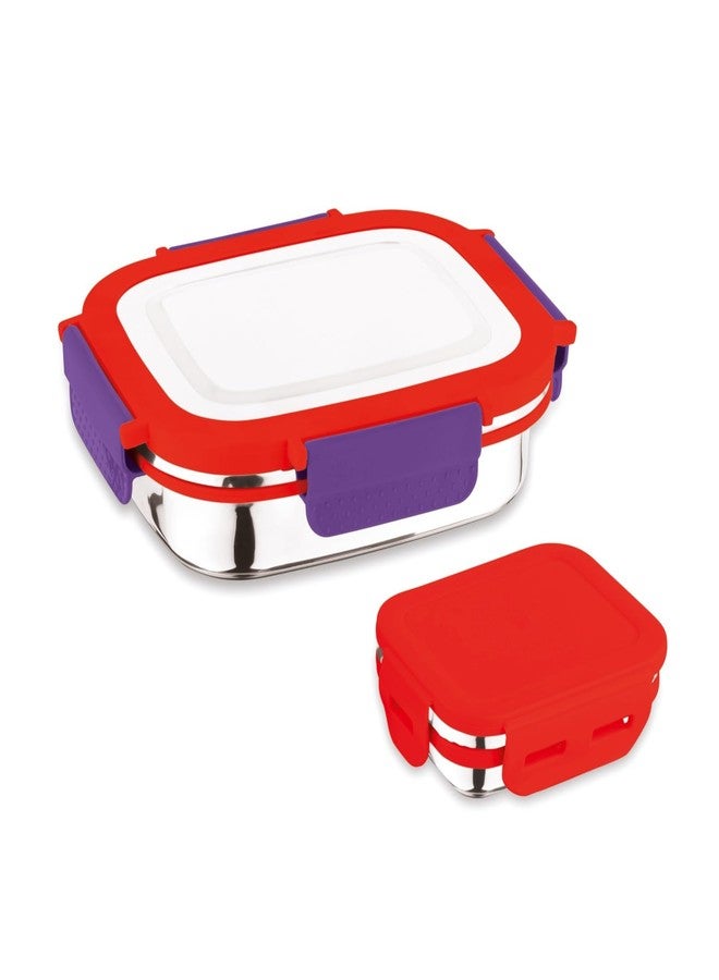 Homfel Stainless Steel Kids Lunch Box 550 ml with Steel Lid | Leakproof Airtight Tiffin Box with 4-Side Lock | BPA-Free Food Container with Small Inner Box | Compact Lunch Box for School, Office (Red) - Image 1