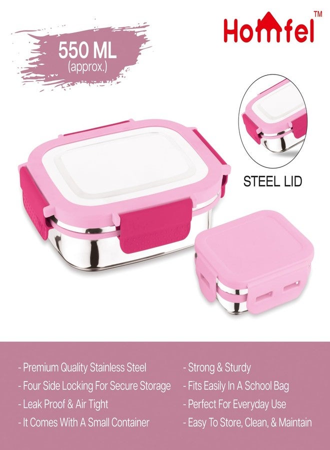 Homfel Stainless Steel Kids Lunch Box 550 ml with Steel Lid | Leakproof Airtight Tiffin Box with 4-Side Lock | BPA-Free Food Container with Small Inner Box | Compact Lunch Box for School, Office (Red) - Image 4