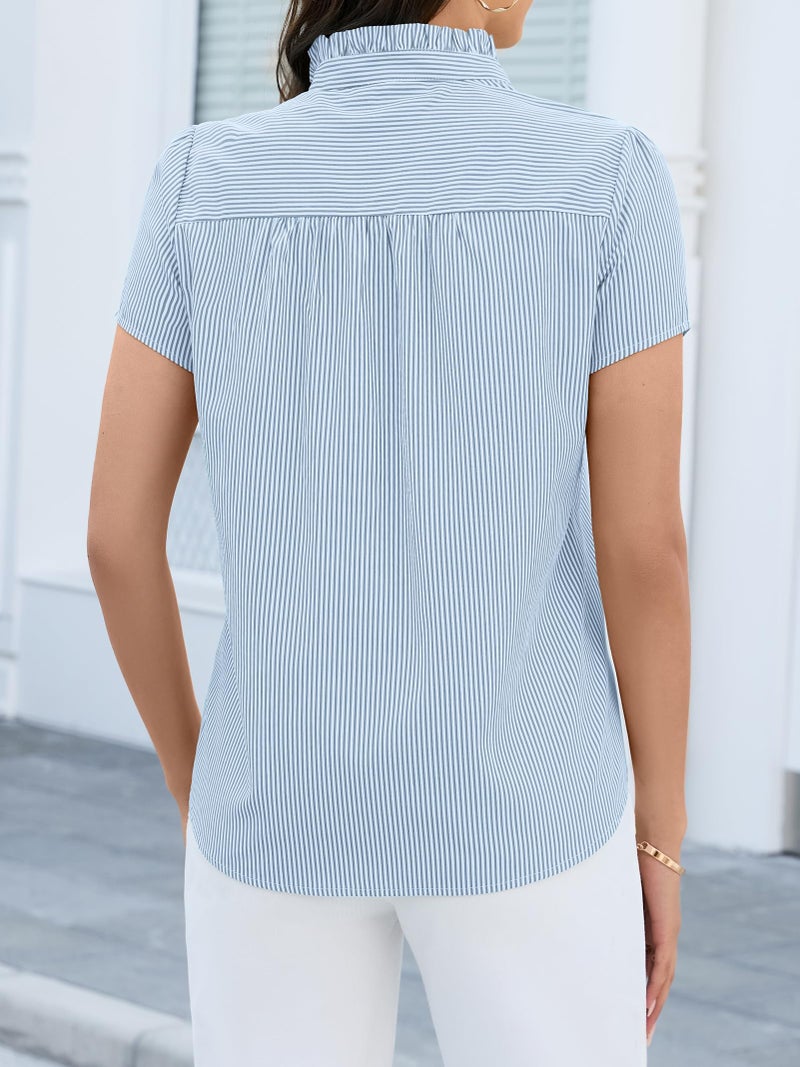 Funlingo Striped Button Down Shirts for Women Business Casual Short Sleeve Tops Summer Ruffle Collar Blouses Office Work Clothes Blue White M - Image 5