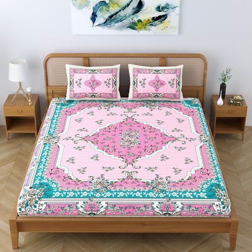 SheetKart Pure Cotton Jaipuri Printed King Size Traditional Double Bedsheet with 2 Pillow Covers - Pink Teal - Image 5