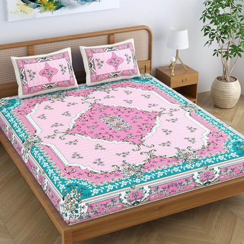 SheetKart Pure Cotton Jaipuri Printed King Size Traditional Double Bedsheet with 2 Pillow Covers - Pink Teal - Image 1
