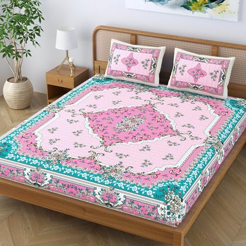 SheetKart Pure Cotton Jaipuri Printed King Size Traditional Double Bedsheet with 2 Pillow Covers - Pink Teal - Image 3